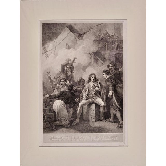 An 18th century etching and engraving entitled "Earl Sandwich Refusing to Leave His Ship While on Fire in the Battle of...