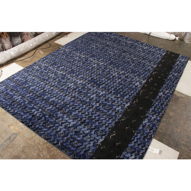 Mid-Century Modern Rug & Kilim’s Scandinavian Style Rug in All Over Blue, Black Geometric Pattern For Sale - Image 3 of 9
