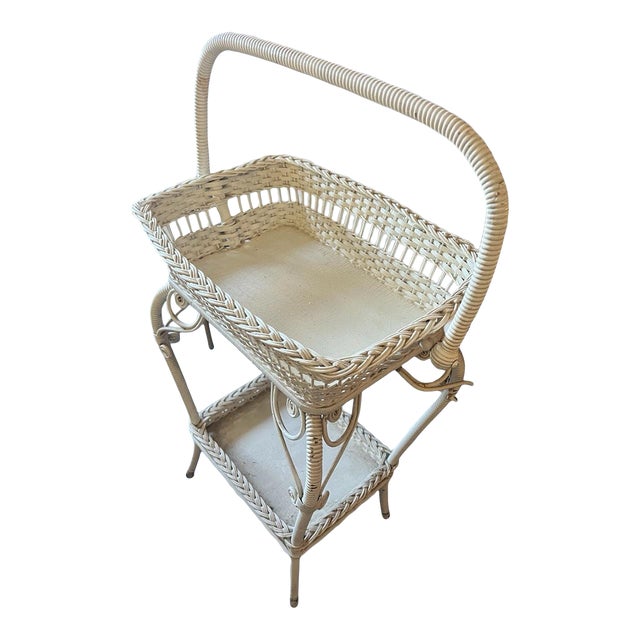 Vintage 1940s Wicker 2-Tier Plant Stand / Sewing Basket – Victorian Coastal Cottage For Sale