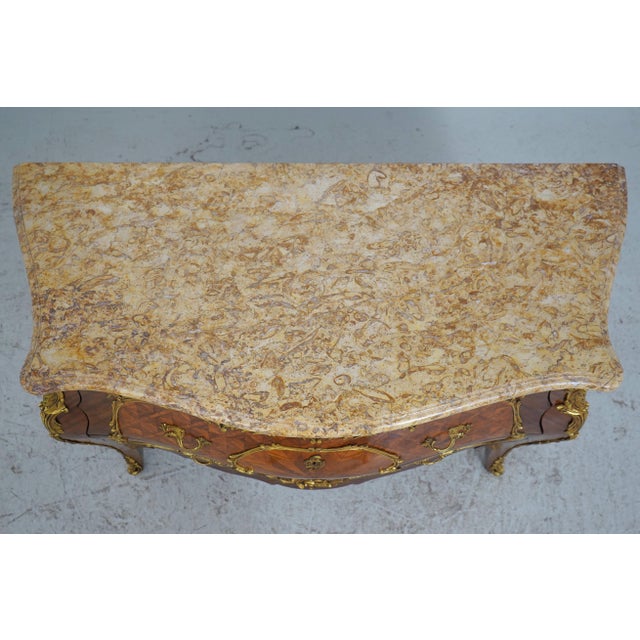 French Louis XV Vintage Marble Top Marquetry Commode For Sale In Philadelphia - Image 6 of 17