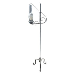 Antique Scrolled Iron Converted Adjustable Candle Stand Hurricane Floor Lamp For Sale