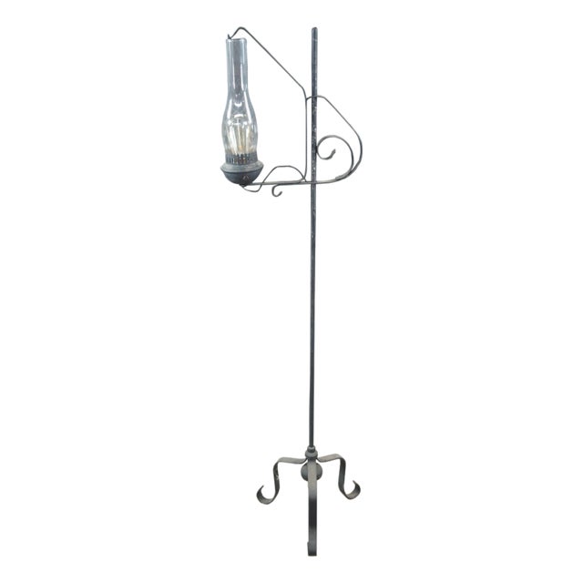 Antique Scrolled Iron Converted Adjustable Candle Stand Hurricane Floor Lamp For Sale