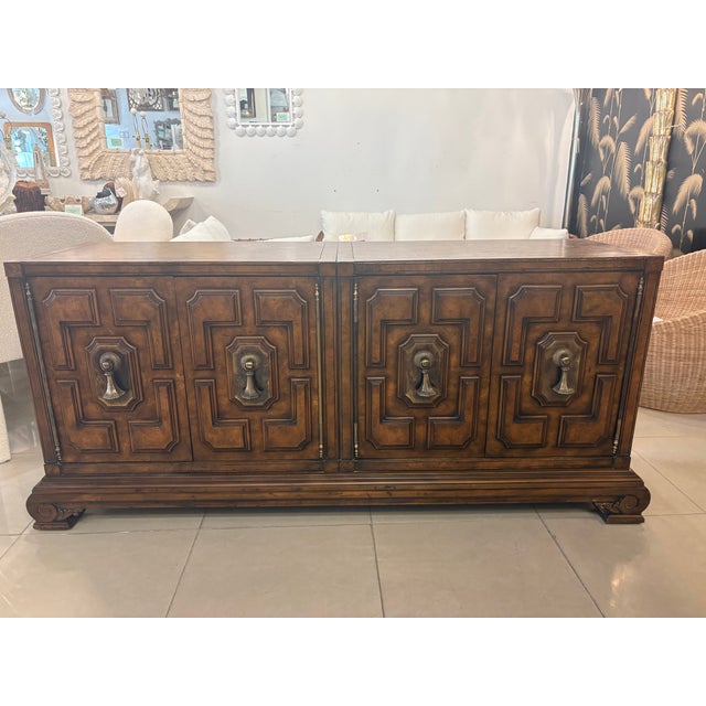 Vintage Mastercraft Credenza Sideboard 1970s Burl Wood & Brass Tassel Pulls For Sale In West Palm - Image 6 of 17