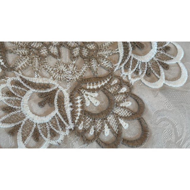 Vintage LinenTablecloth, Embroidered Applique Lace, Cream and Taupe. On Ivory 18" X 55.5" Pristine For Sale - Image 10 of 17