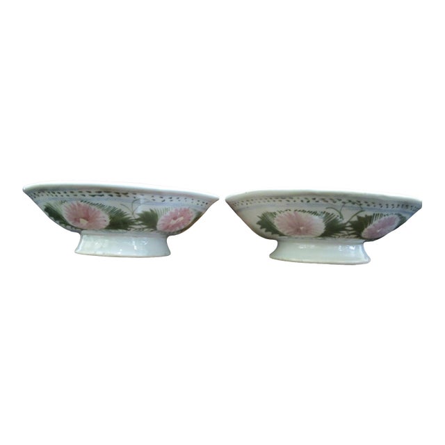Chinese Folk Art Pink Flower Porcelain Footed Shallow Bowl or Candle Holder Pair For Sale