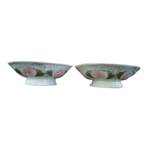 Chinese Folk Art Pink Flower Porcelain Footed Shallow Bowl or Candle Holder Pair
