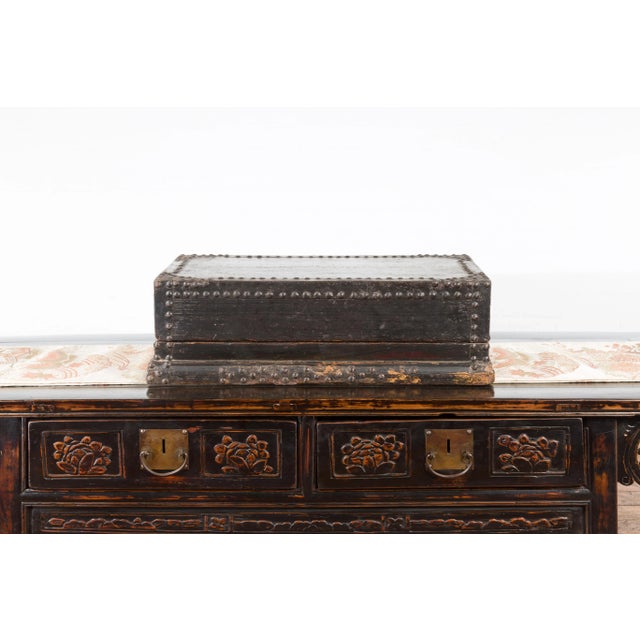 Metal Indian 19th Century Black Box with Iron Nailheads, Braces and Rustic Patina For Sale - Image 7 of 13