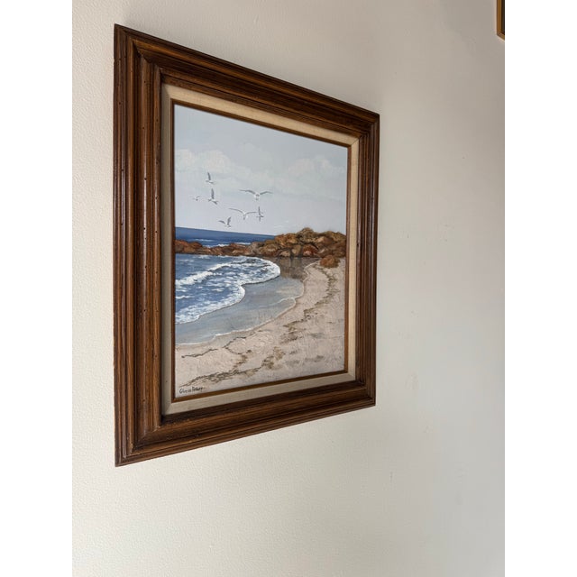Beautiful vintage 1970s coastal landscape by artist Gloria Pelkey, executed in a mixed media technique with oil and...