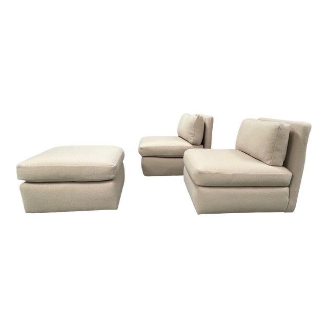 Loro Piana Boiled Wool Upholstered Slipper Chairs With Ottoman - 3 Pieces For Sale