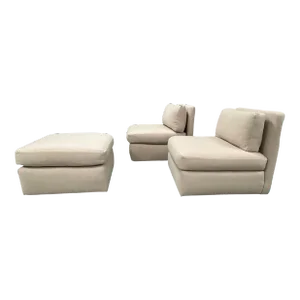 Loro Piana Boiled Wool Upholstered Slipper Chairs With Ottoman - 3 Pieces