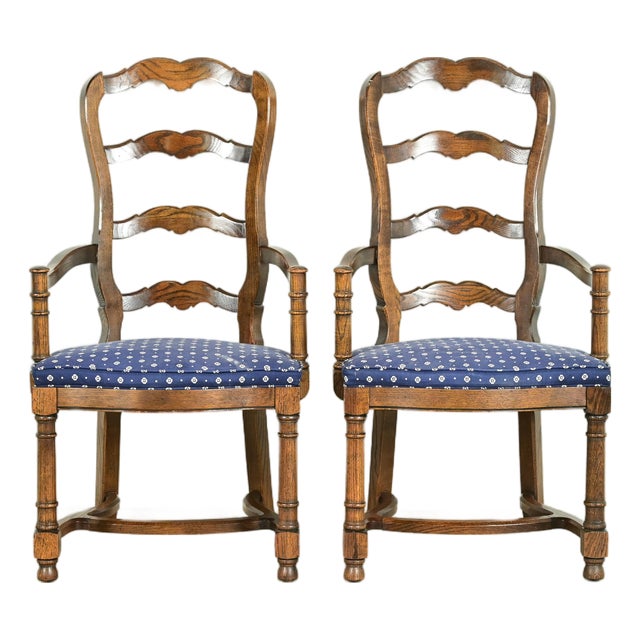 Century Furniture French Country Carved Solid Oak Ladder Back Armchairs, Pair For Sale