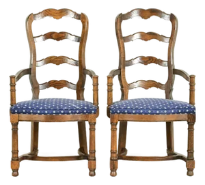 Century Furniture French Country Carved Solid Oak Ladder Back Armchairs, Pair