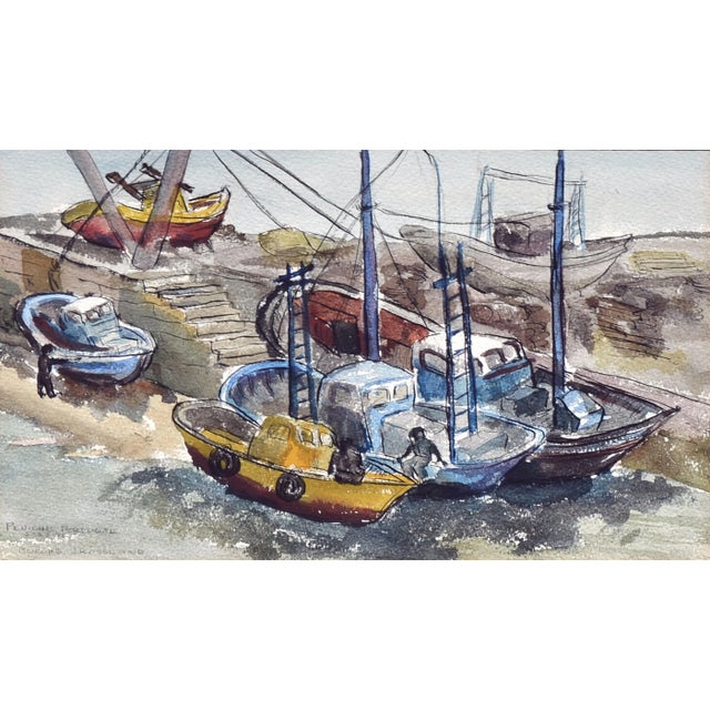 American Vintage Figurative Landscape of Peniche, Portugal Harbor Boats by Buford Crossland For Sale - Image 3 of 6