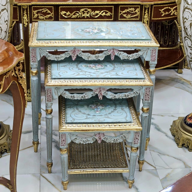 2000 - 2009 French Style Nesting Tables – Set of 3 With Glass Tops, Soft Blue Finish & Gold Leaf Details For Sale - Image 5 of 5
