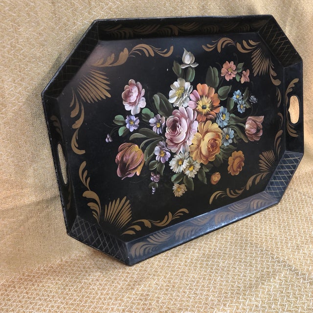 Great large vintage Italian hand painted floral black and gold toile tole tray