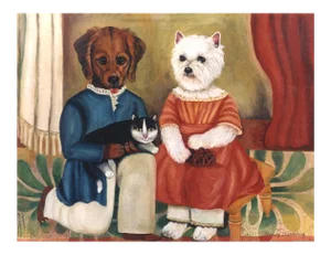 Contemporary Folk Art Portrait of Dogs with Cat After Nancy Weinberg