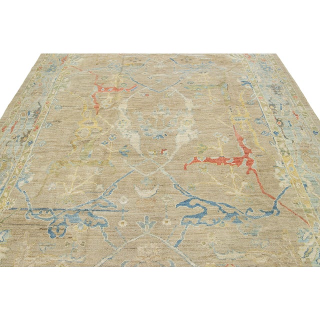 Brown Apadana's Contemporary Designed Sultanabad Wool Rug Handmade in Light Brown For Sale - Image 8 of 10