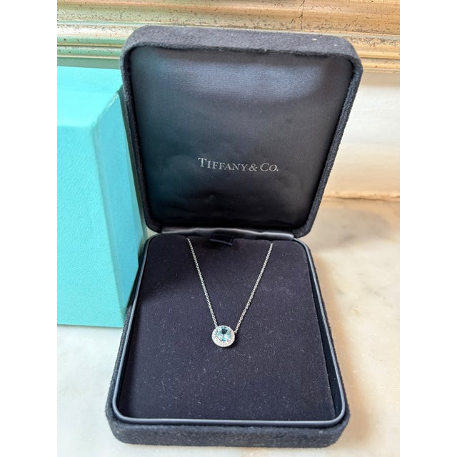 Tiffany & Co. Platinum Soleste Aquamarine & Diamond Necklace 1.00ct 3.88g For Sale - Image 9 of 12