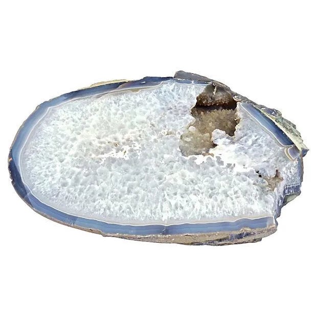 Antique, giant quartz, polished , agate, geode specimen with the top sliced and polished to reveal the dense quartz...