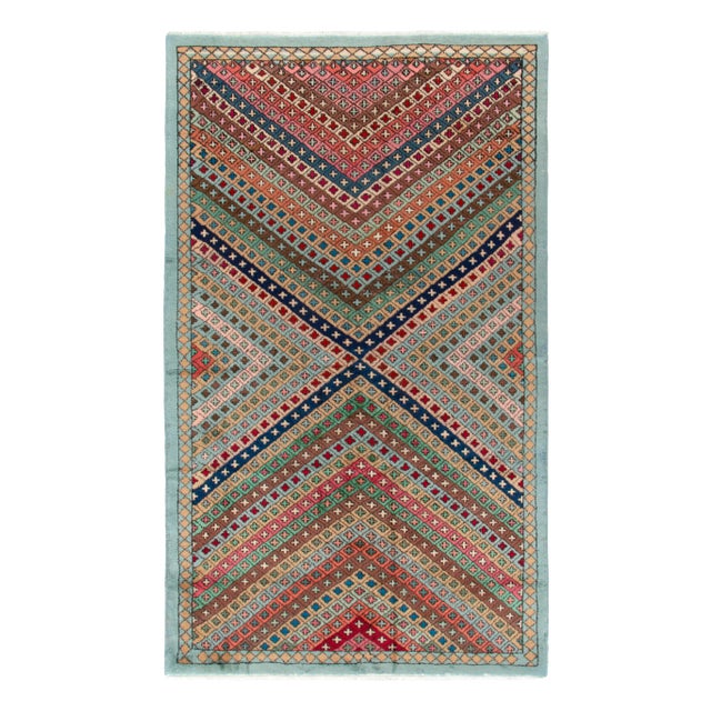 1960s Vintage Art Deco Rug in Blue, Green, Beige-Brown Geometric Pattern For Sale In New York - Image 6 of 6