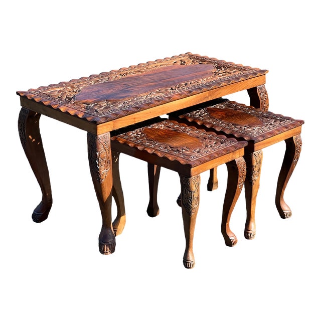 1990s Vintage Hand Carved Asian Fruitwood Nesting Tables - Set of 3 For Sale