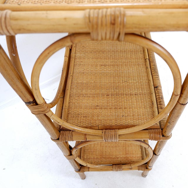 Mid-Century Modern Vintage Bohemian Style Three-Tier Rattan Shelf, 1960s For Sale - Image 3 of 15