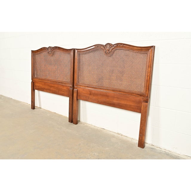 French Provincial Henredon French Provincial Louis XV Carved Walnut and Cane Twin Size Headboards, Pair For Sale - Image 3 of 9