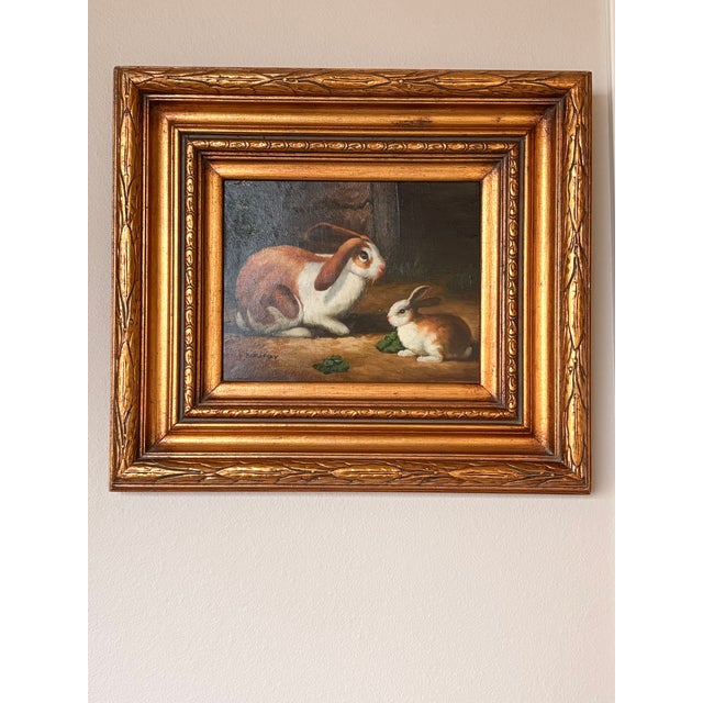 Gold Vintage Borofsky Signed With Rabbits Foraging Oil Painting For Sale - Image 8 of 16