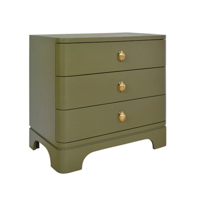 Contemporary Matthew Izzo Home Fortune Olive Matte Lacquer Three Drawer Side Table With Brass Beetle Knobs For Sale - Image 3 of 11