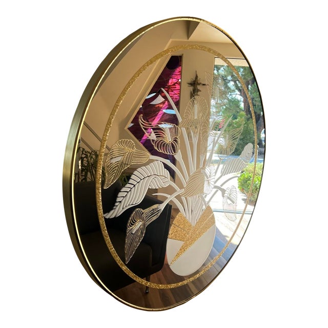 Vintage Postmodern 1980s Windsor Circle Wall Mirror Brass Flowers Vase 80s Richard Sandoval For Sale