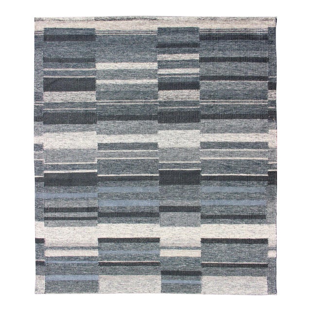 Modern Scandinavian Flat-Weave Rug With Striped Panel Design in Gray, Steel Blue For Sale