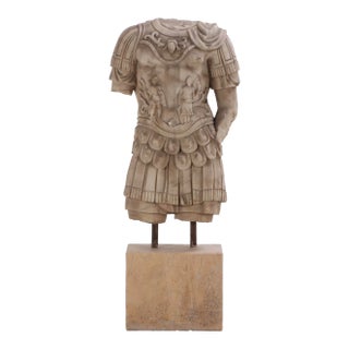 Late 20th Century Life Sized Marble Roman General Statue On Travertine Block Garden Ornament For Sale