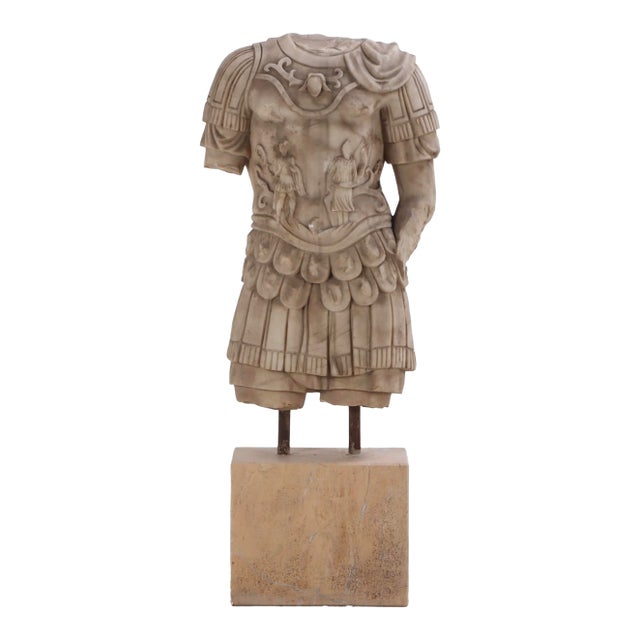 Late 20th Century Life Sized Marble Roman General Statue On Travertine Block Garden Ornament For Sale