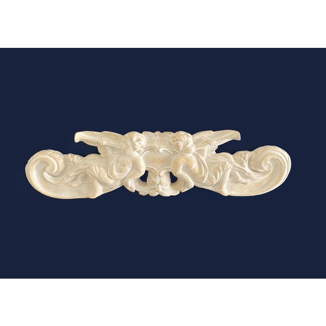 MId Century Chalkware, Baroque Over Door Pediment, Putti-Cherubs, Trumpets, Gargoyle Face 21.5" Wide For Sale - Image 9 of 18
