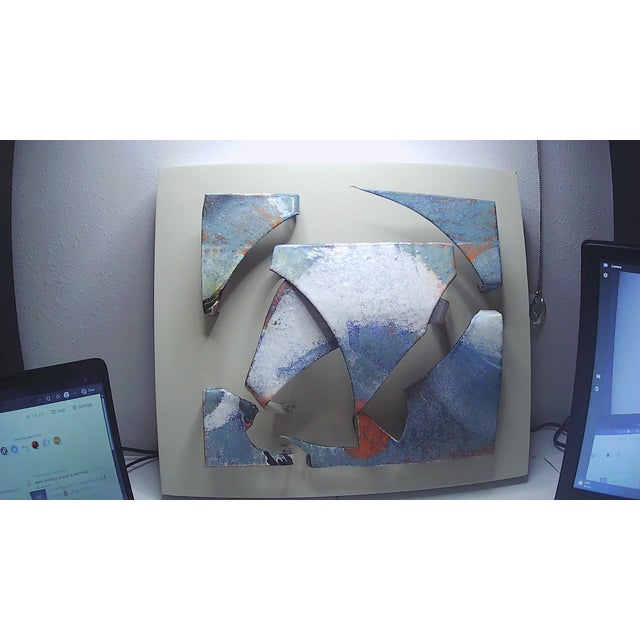 Brutalist Unique 3-D Brutalist MCM Metal Wall Art Collage Mounted on Wood Frame, Signed For Sale - Image 3 of 17