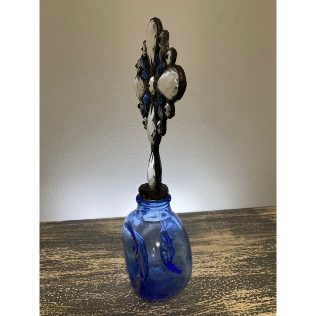 Handmade Crystal Cross Assemblage Sculpture on Cobalt Blue Glass Bottle For Sale - Image 4 of 7