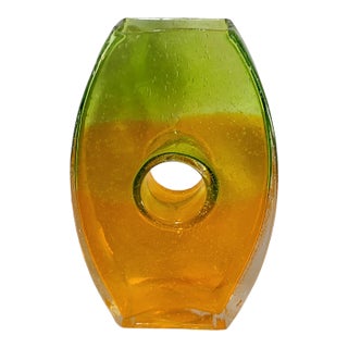 Vintage Margie’s Garden Hand Blown Bubble Art Glass Vase Green & Orange For Sale