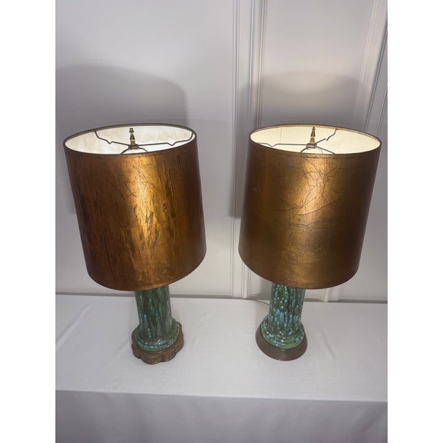 Vintage Mid Century Hollywood Regency Drip Glaze Ceramic Aqua, Brass & Gold Leaf Shaded Table Lamps, a Pair For Sale - Image 4 of 18