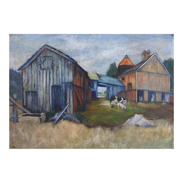 Vintage Mid 20th Century Pastoral Farm Scene With Cow Painting For Sale