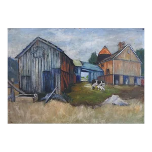 Vintage Mid 20th Century Pastoral Farm Scene With Cow Painting