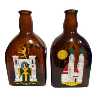 Vintage Pair of Amber Glass Anton Riemerschmid Liquor Bottles German For Sale