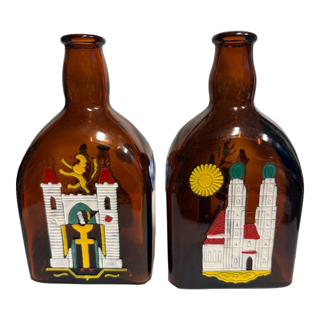 Vintage Pair of Amber Glass Anton Riemerschmid Liquor Bottles German For Sale