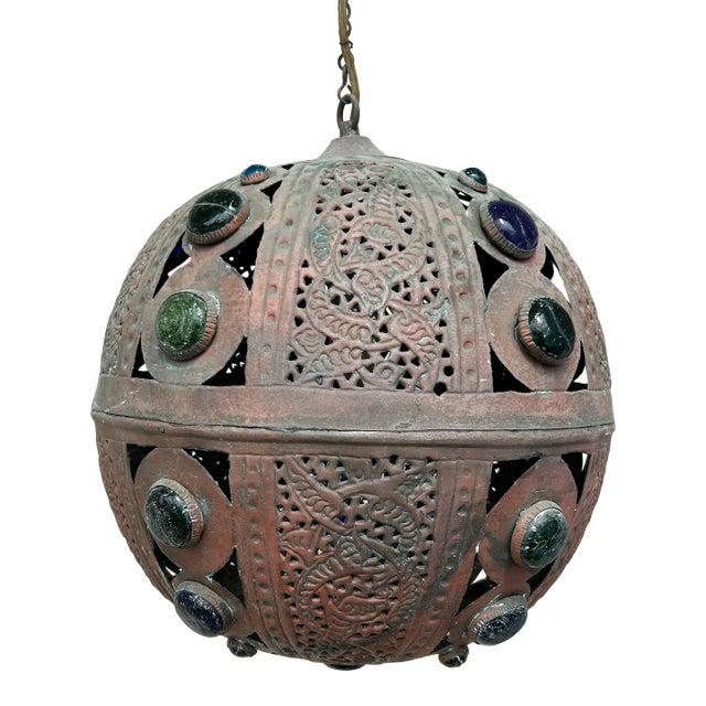 Antique Moroccan Copper and Glass Lantern or Light Fixture. For Sale
