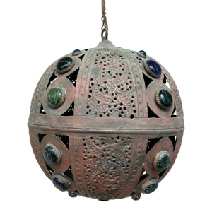 Antique Moroccan Copper and Glass Lantern or Light Fixture.