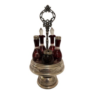Late 19th Century Victorian Ruby Red Glass Cruet Caster Set With Silver-Plated Rotating Stand - 6 pcs For Sale