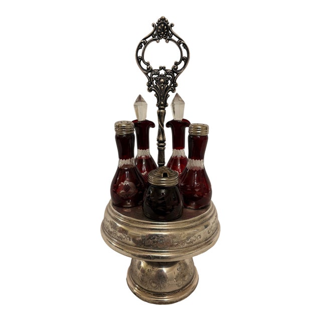Late 19th Century Victorian Ruby Red Glass Cruet Caster Set With Silver-Plated Rotating Stand - 6 pcs For Sale