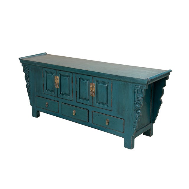 Wood Asian Style Distressed Rustic Teal Blue Low Tv Console Table Cabinet For Sale - Image 7 of 16