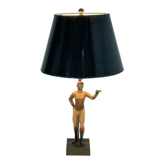 Vintage Patinated Metal Table Lamp With Standing Jockey For Sale