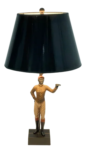 Vintage Patinated Metal Table Lamp With Standing Jockey