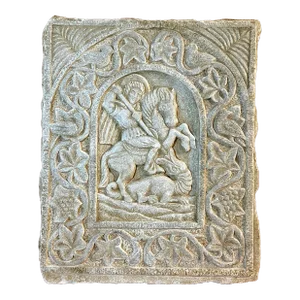 Antique Medieval Style Carved Stone Stele Saint George Slaying the Dragon Signed Greek Initials Alpha Phi